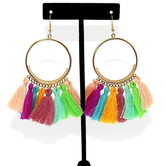 𝅺💋BOHO Multicolor & Gold Hoop Tassel Earrings - Picture 1 of 2